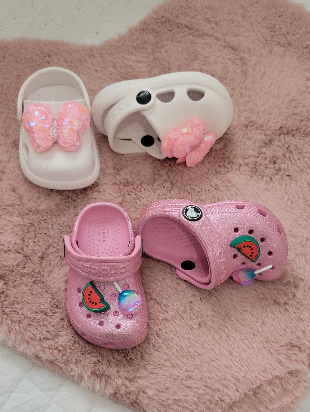 CROCS Baby Glitter Pink Clogs with Watermelon and Iridescent Charms